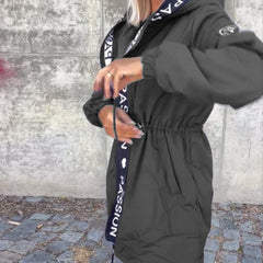 Women's relaxed-fit midi coat with hood and drawstring from Christine Brewer, showcasing casual style and comfortable design.