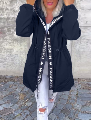 Women's relaxed-fit midi coat with hood and drawstring from Christine Brewer, casual style perfect for layered winter looks.