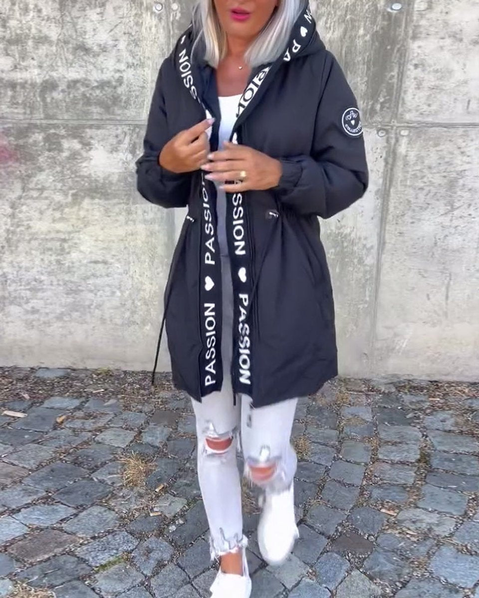Women's hooded drawstring relaxed-fit midi coat by Christine Brewer, featuring a casual design with a hood and mid-length style.