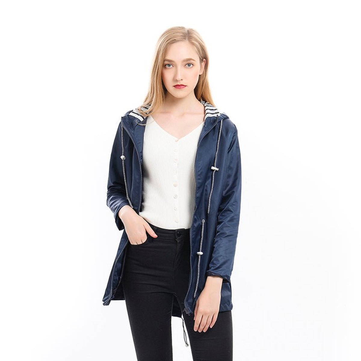 Victoria women's hooded waterproof rain coat with drawstring waist, lightweight and breathable, ideal for rainy weather.