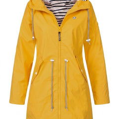 Women's waterproof rain coat with hood and drawstring from Christine Brewer, designed for waterproof protection and casual weatherwear.