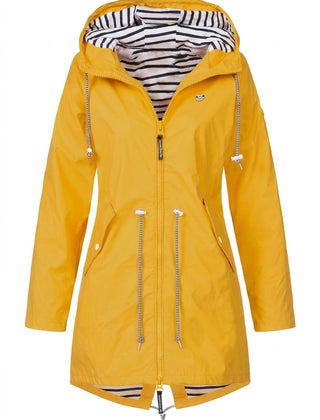 Women's waterproof rain coat with hood and drawstring from Christine Brewer, designed for waterproof protection and casual weatherwear.