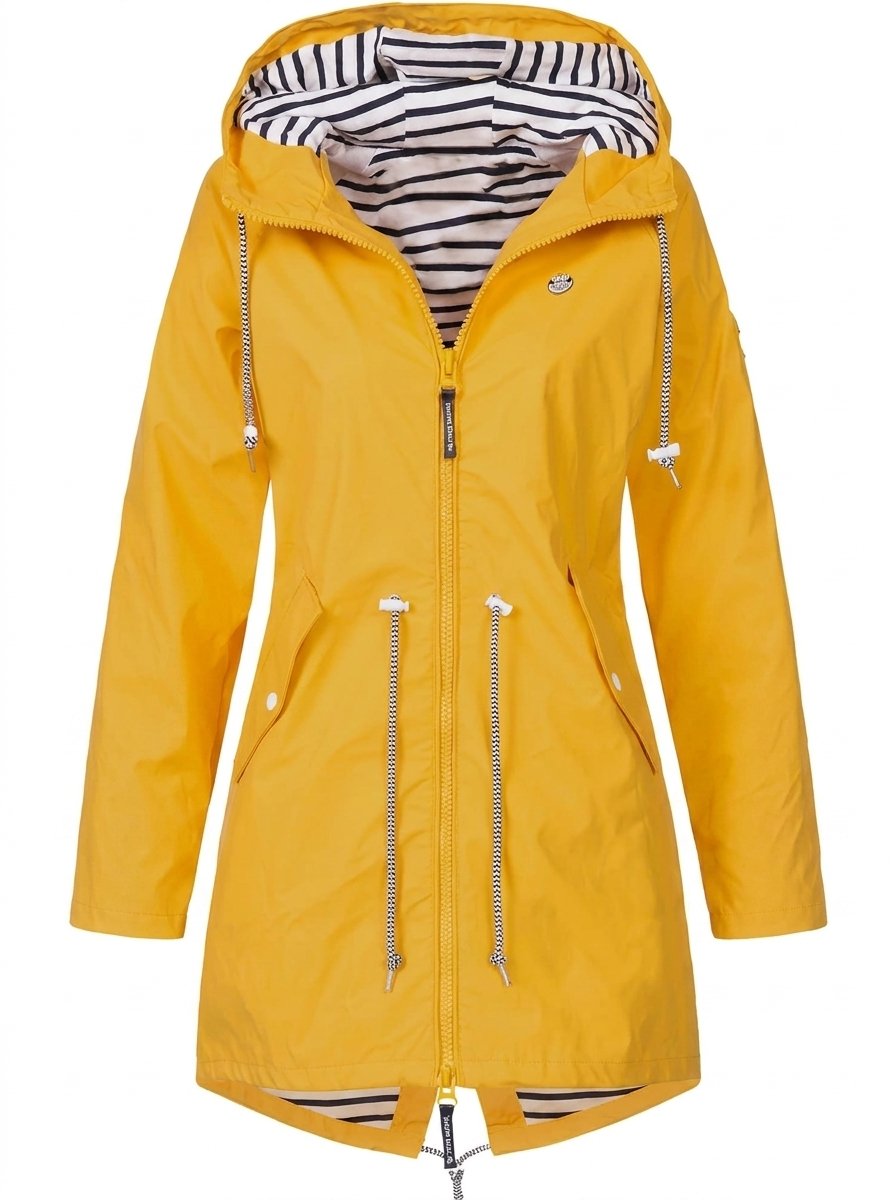 Women's waterproof rain coat with hood and drawstring from Christine Brewer, designed for waterproof protection and casual weatherwear.