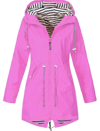 Victoria women's waterproof rain coat with hood and drawstring waist, designed by Christine Brewer, suitable for rainy weather.