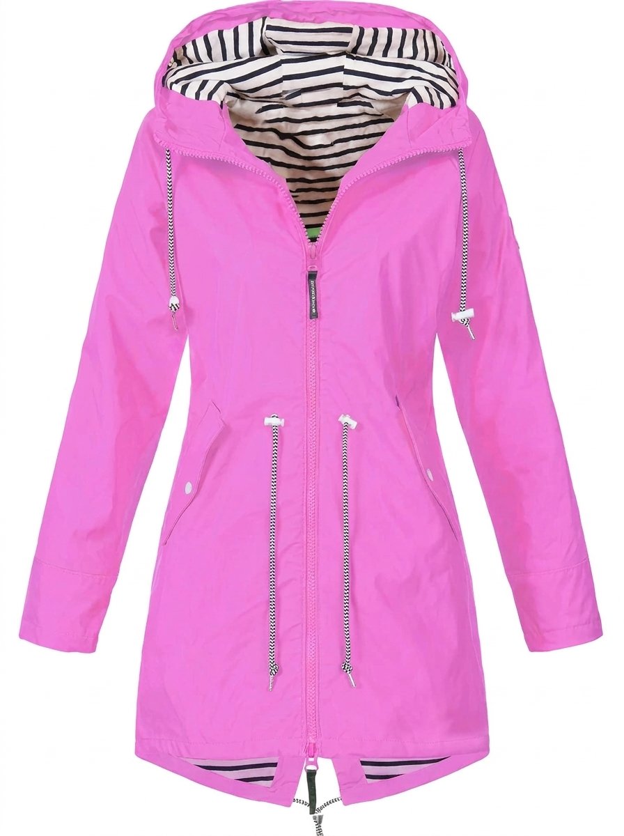 Victoria women's waterproof rain coat with hood and drawstring waist, designed by Christine Brewer, suitable for rainy weather.