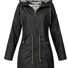Victoria women's waterproof rain coat with hood and drawstring, Christine Brewer outdoor rain jacket for wet weather.