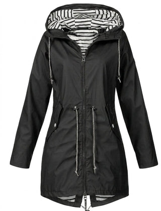 Victoria women's waterproof rain coat with hood and drawstring, Christine Brewer outdoor rain jacket for wet weather.
