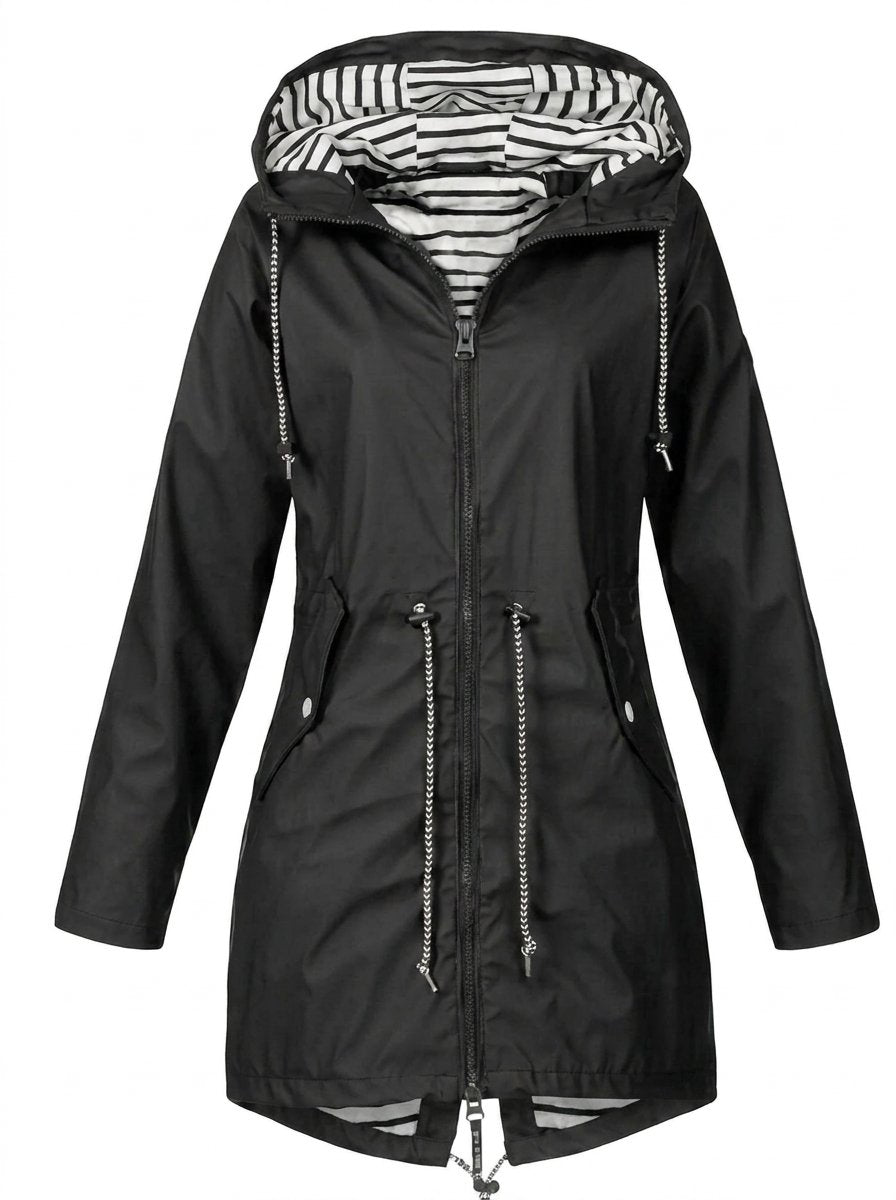 Victoria women's waterproof rain coat with hood and drawstring, Christine Brewer outdoor rain jacket for wet weather.