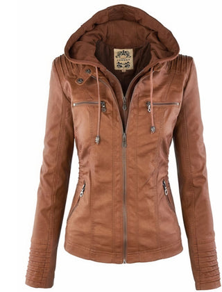 Evelyn women's hooded faux leather biker jacket with removable hood, stylish and fitted, by Christine Brewer.