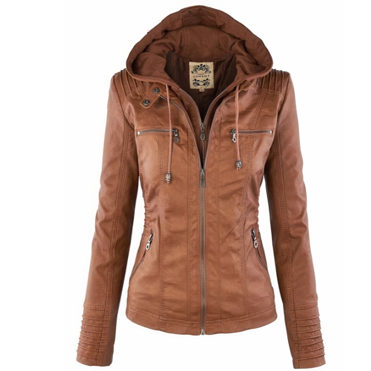 Evelyn women's hooded faux leather biker jacket with removable hood, stylish and fitted, by Christine Brewer.