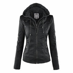 Christine Brewer Evelyn women's hooded faux leather biker jacket with removable hood, stylish and versatile outerwear for women.