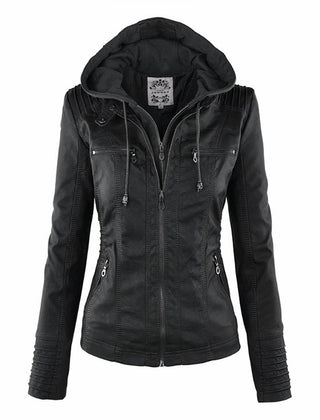 Christine Brewer Evelyn women's hooded faux leather biker jacket with removable hood, stylish and versatile outerwear for women.