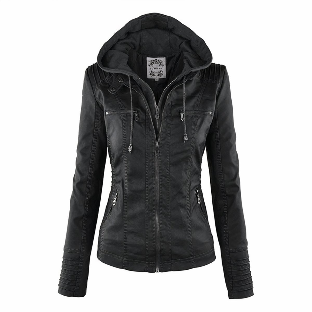 Christine Brewer Evelyn women's hooded faux leather biker jacket with removable hood, stylish and versatile outerwear for women.