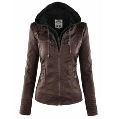 Evelyn women's hooded faux leather biker jacket with removable hood, stylish and fitted by Christine Brewer.