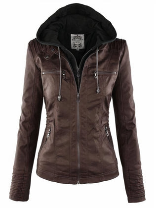 Evelyn women's hooded faux leather biker jacket with removable hood, stylish and fitted by Christine Brewer.