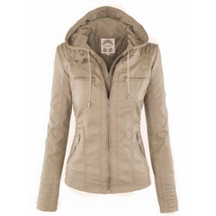 Women's hooded faux leather biker jacket by Christine Brewer with a removable hood, stylish and modern outerwear piece.