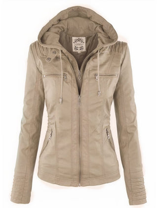 Women's hooded faux leather biker jacket by Christine Brewer with a removable hood, stylish and modern outerwear piece.
