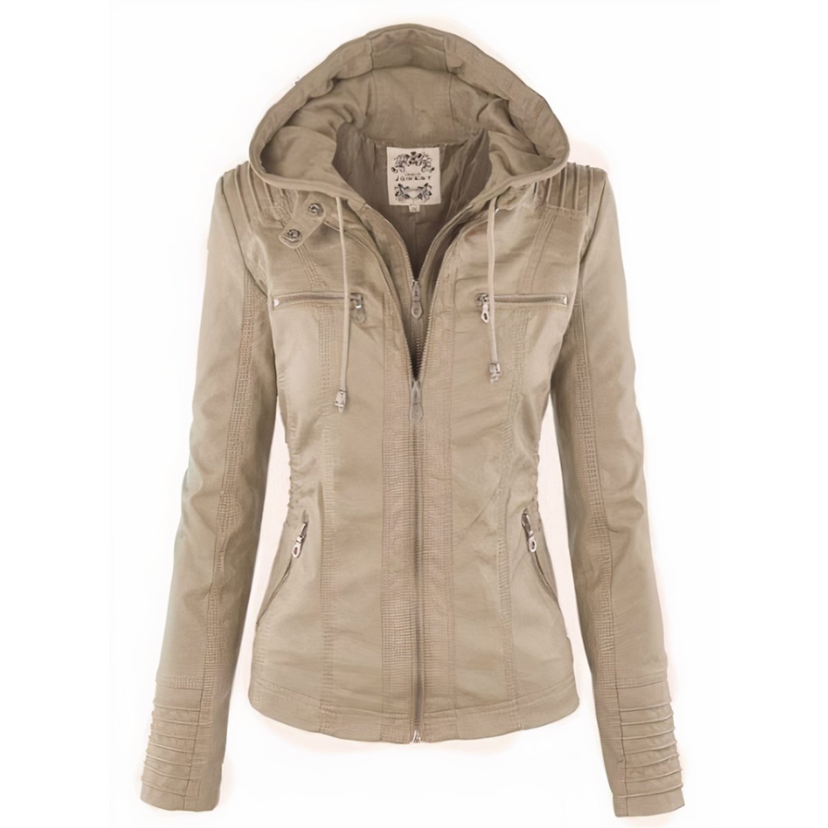 Women's hooded faux leather biker jacket by Christine Brewer with a removable hood, stylish and modern outerwear piece.