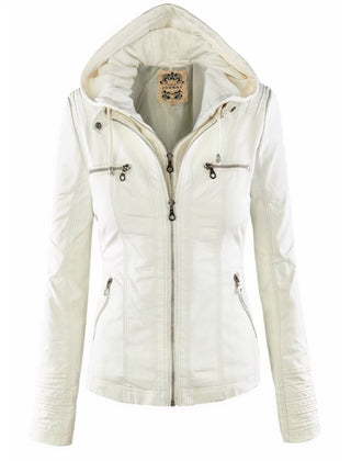 Women's black faux leather hooded jacket with removable hood and biker style, by Christine Brewer.