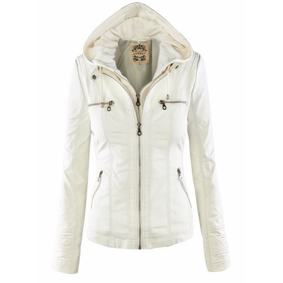 Women's black faux leather hooded jacket with removable hood and biker style, by Christine Brewer.