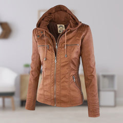 Charlotte women's faux leather moto coat with removable hood, stylish hooded jacket from Christine Brewer, shown in black.