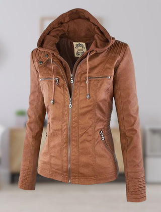 Charlotte women's faux leather moto coat with removable hood, stylish hooded jacket from Christine Brewer, shown in black.