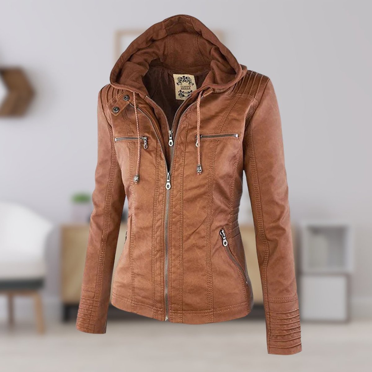 Charlotte women's faux leather moto coat with removable hood, stylish hooded jacket from Christine Brewer, shown in black.