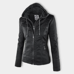 Charlotte women's faux leather moto coat with removable hood, stylish hooded jacket by Christine Brewer, shown on a model.