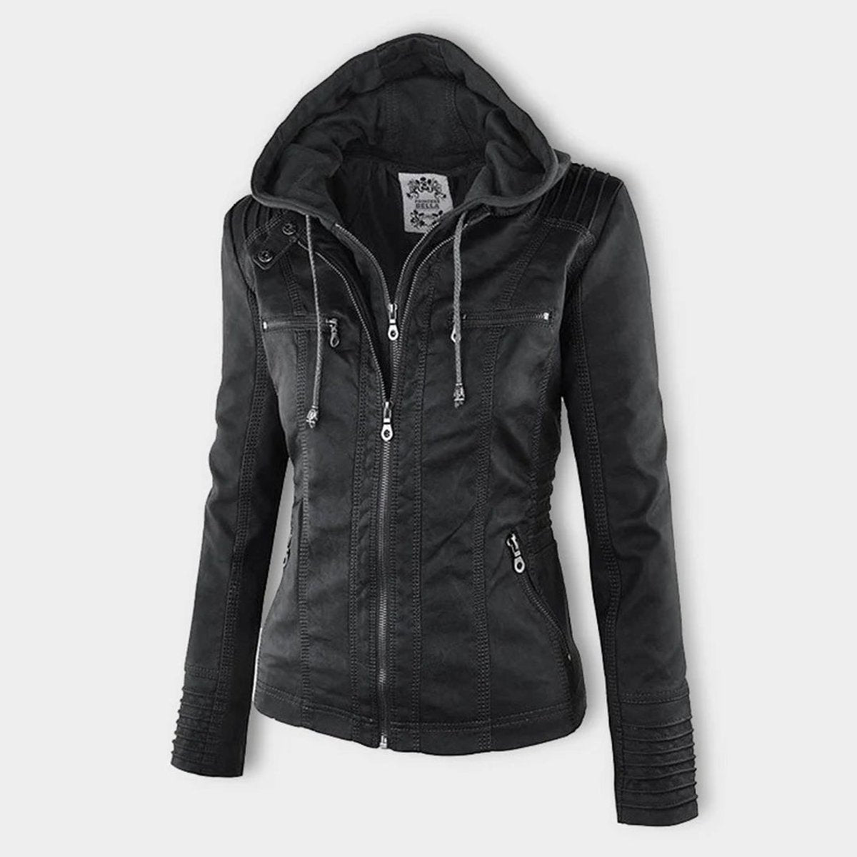 Charlotte women's faux leather moto coat with removable hood, stylish hooded jacket by Christine Brewer, shown on a model.