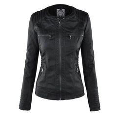 Women's faux leather moto coat with hood and removable hood detail, featuring a stylish design by Christine Brewer.
