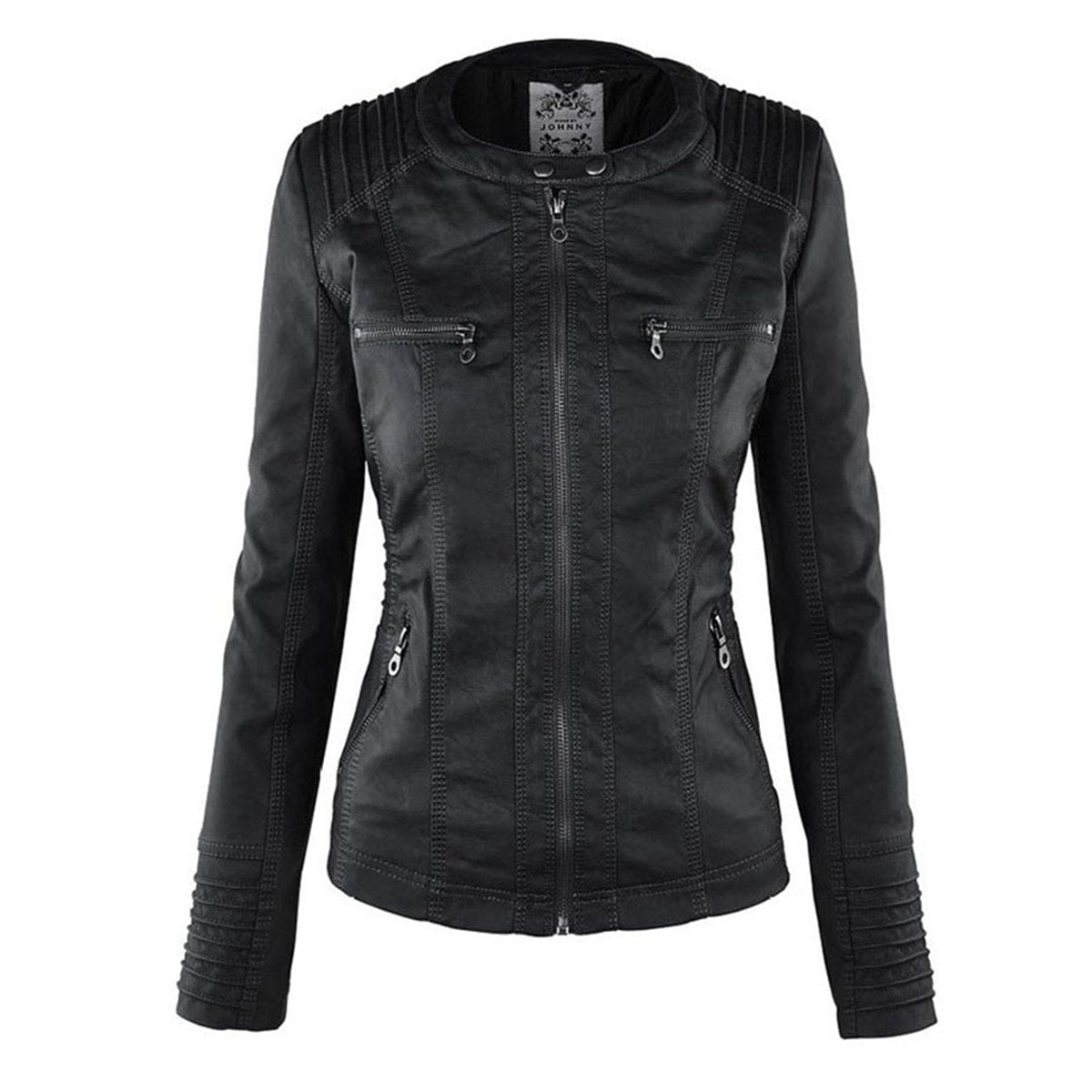 Women's faux leather moto coat with hood and removable hood detail, featuring a stylish design by Christine Brewer.