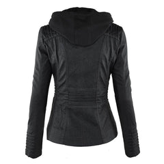 Charlotte women's faux leather moto coat by Christine Brewer with a removable hood, featuring a stylish hooded design.