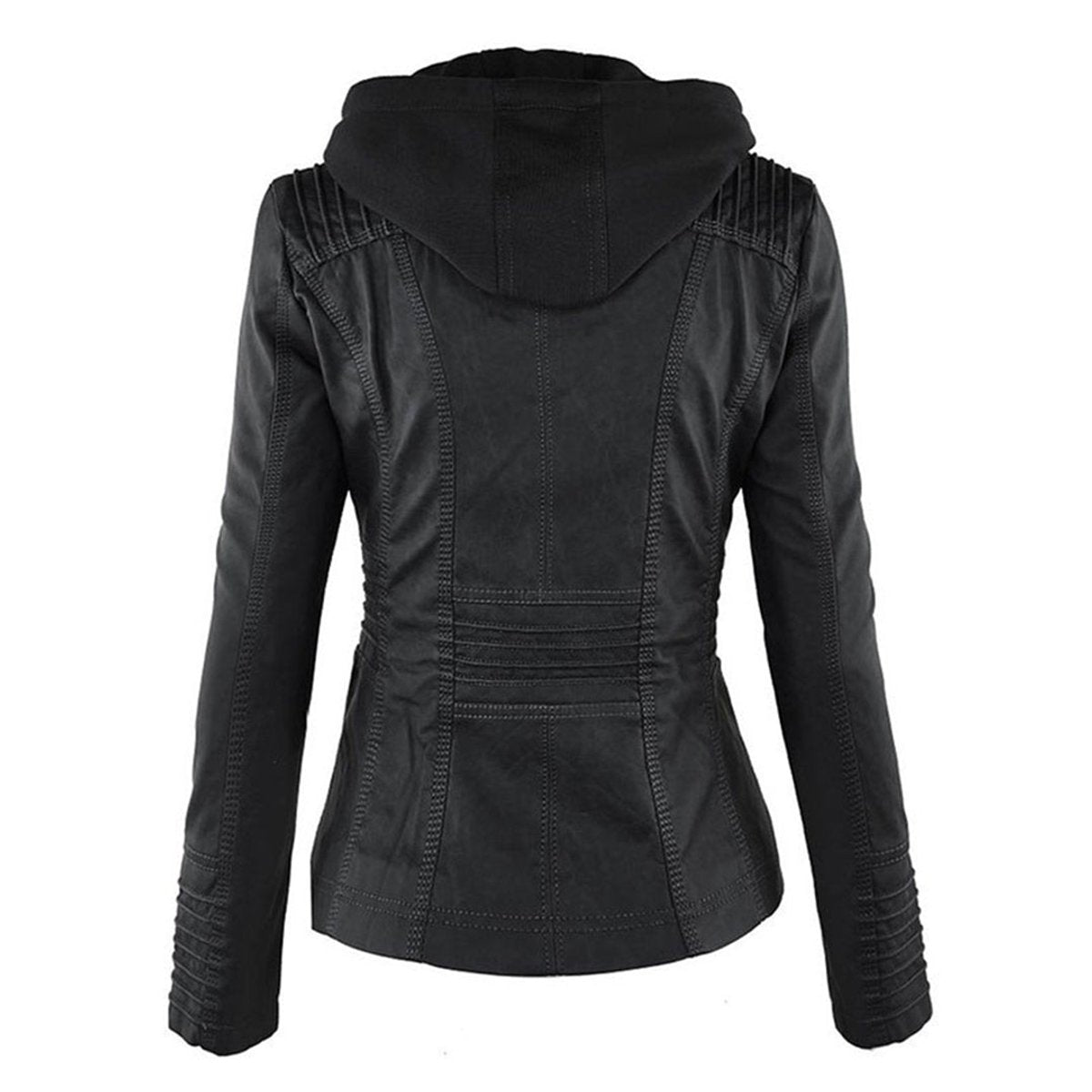 Charlotte women's faux leather moto coat by Christine Brewer with a removable hood, featuring a stylish hooded design.