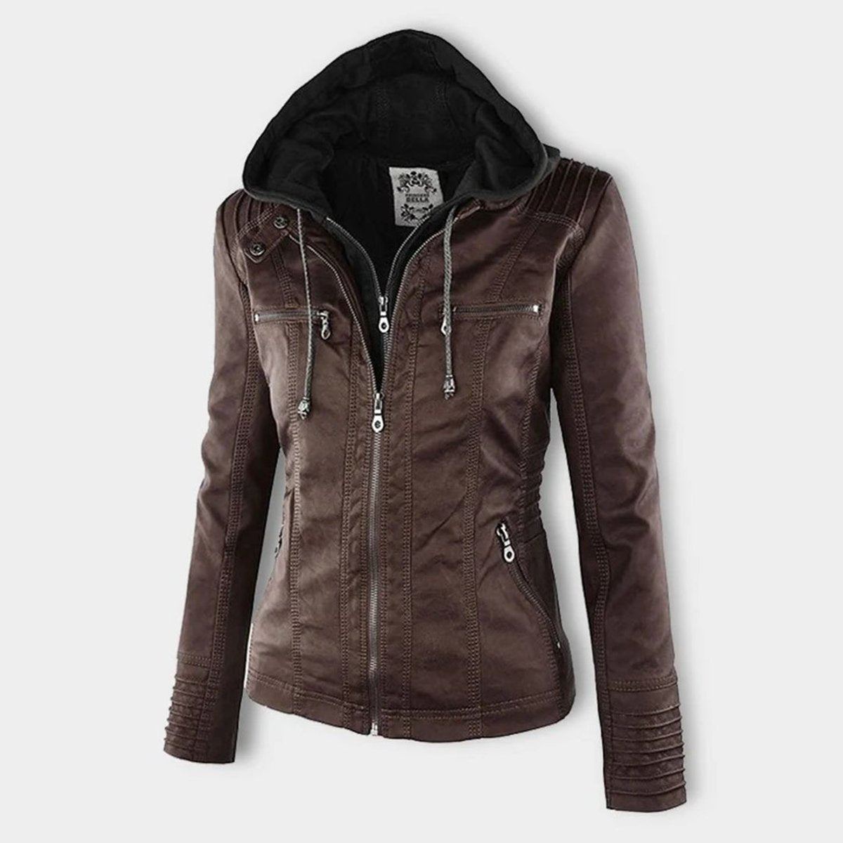 Women's faux leather moto coat with removable hood by Christine Brewer, featuring a stylish hooded design and sleek black finish.
