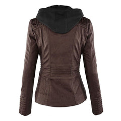 Charlotte women's faux leather moto coat with removable hood, featuring a stylish hooded design and sleek black finish.
