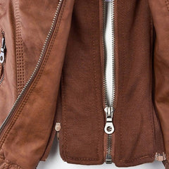 Women's Charlotte faux leather moto coat with removable hood by Christine Brewer, featuring a stylish hooded design and sleek black finish.