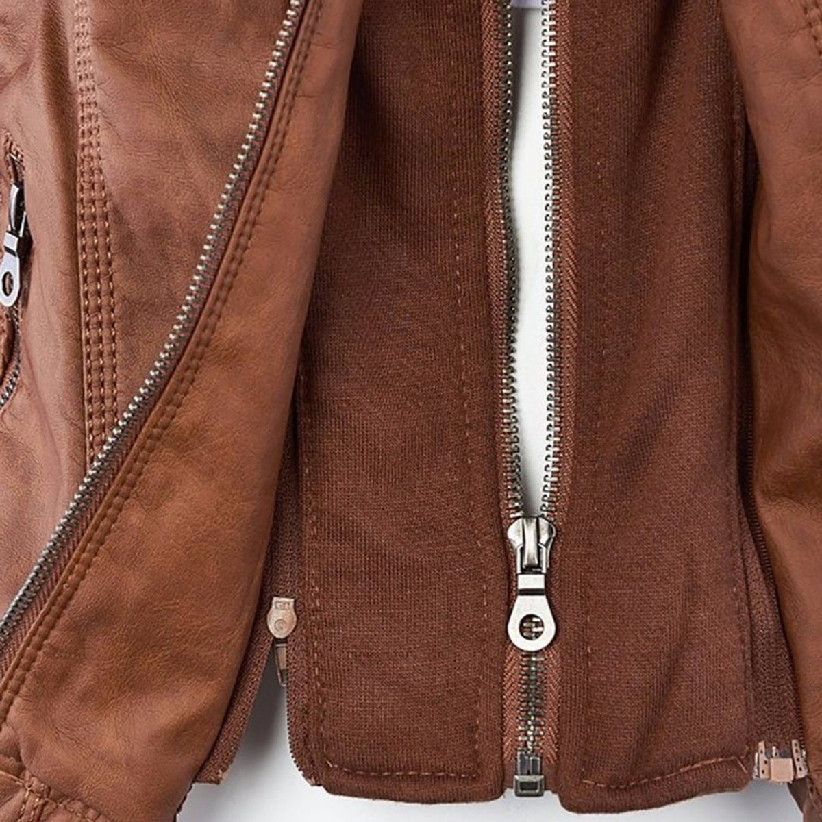 Women's Charlotte faux leather moto coat with removable hood by Christine Brewer, featuring a stylish hooded design and sleek black finish.