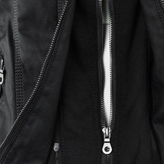 Charlotte women's faux leather moto coat with removable hood, featuring a stylish hooded design and sleek black faux leather material.