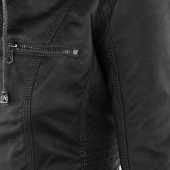 Charlotte women's faux leather moto coat by Christine Brewer with a removable hood, featuring a stylish hooded design.