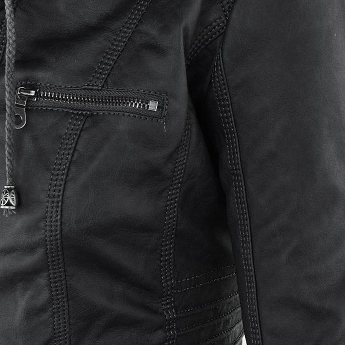 Charlotte women's faux leather moto coat by Christine Brewer with a removable hood, featuring a stylish hooded design.