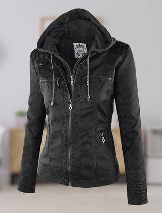 Women’s faux leather moto coat with removable hood, Charlotte by Christine Brewer, featuring a stylish hooded design and sleek black finish.
