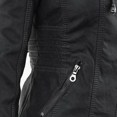 Charlotte women's faux leather moto coat with removable hood, stylish hooded jacket by Christine Brewer.