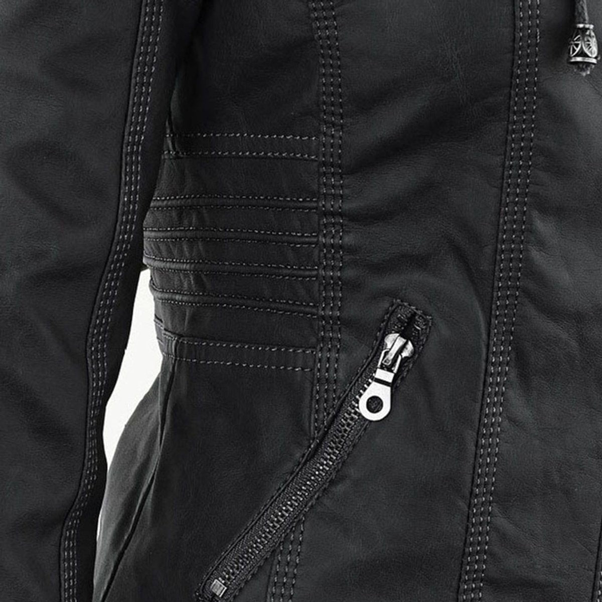 Charlotte women's faux leather moto coat with removable hood, stylish hooded jacket by Christine Brewer.