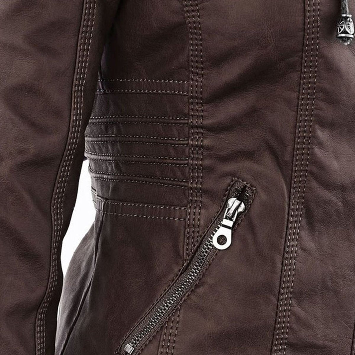 Charlotte women's faux leather moto coat with hood, featuring a removable hood and stylish design by Christine Brewer.