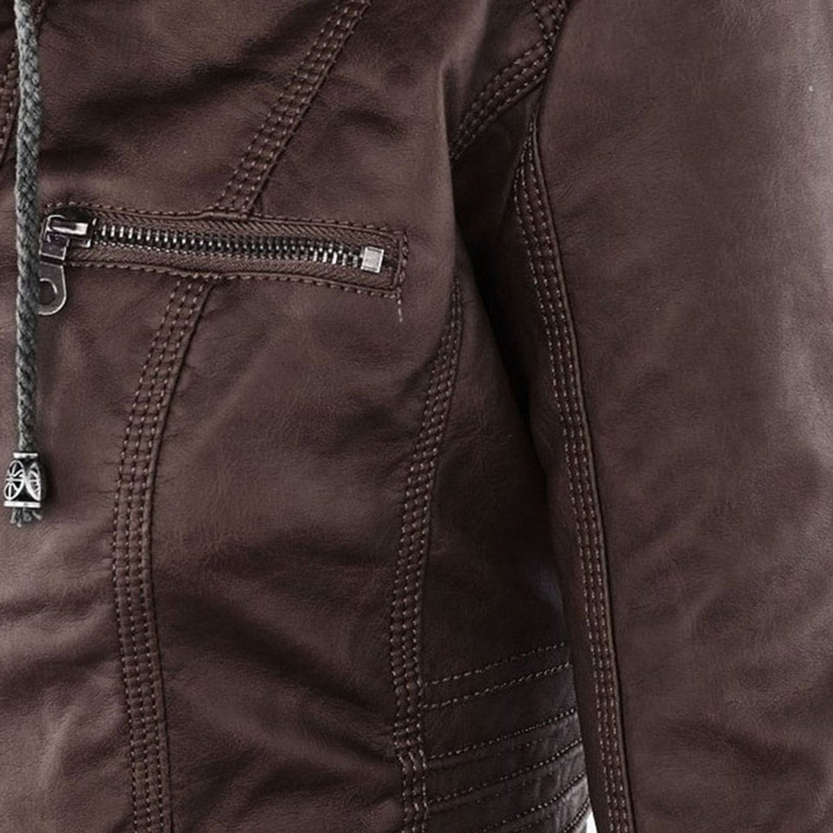 Charlotte women's faux leather moto coat with removable hood, featuring a stylish hooded design and sleek black finish.