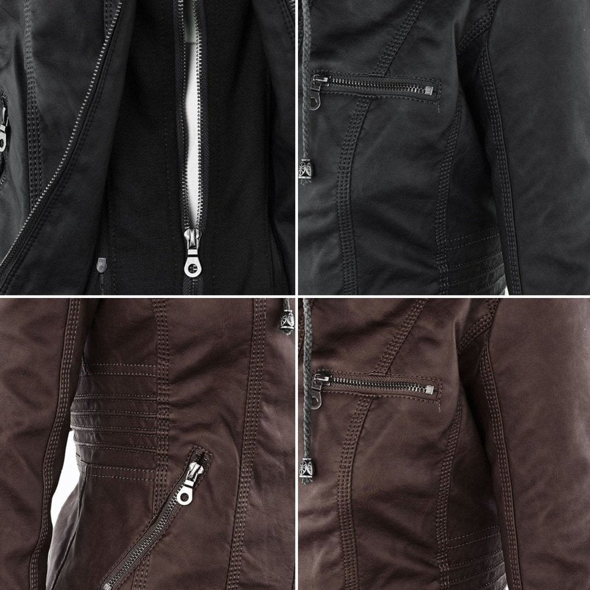 Charlotte women's faux leather moto coat by Christine Brewer with a removable hood, featuring a stylish hooded design.