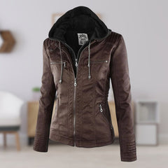 Charlotte women's faux leather moto coat with removable hood, featuring a stylish hooded design and sleek black faux leather material.