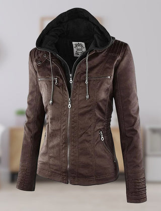 Charlotte women's faux leather moto coat with removable hood, featuring a stylish hooded design and sleek black faux leather material.