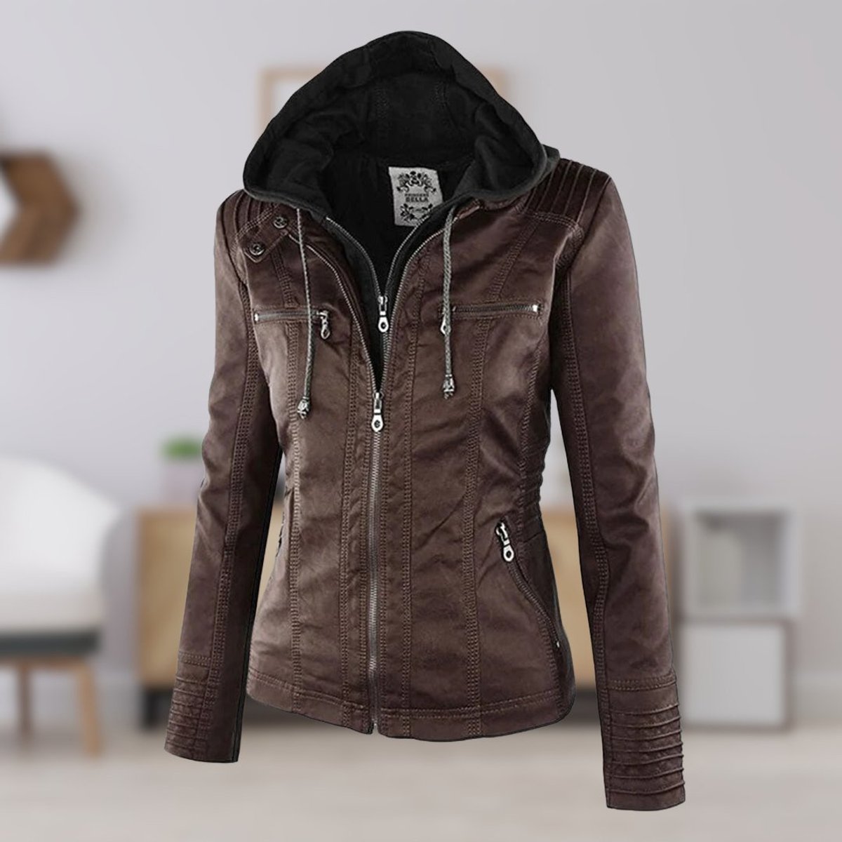 Charlotte women's faux leather moto coat with removable hood, featuring a stylish hooded design and sleek black faux leather material.