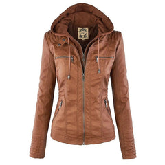Charlotte women's faux leather moto coat with removable hood, stylish hooded jacket by Christine Brewer, featuring a sleek design.